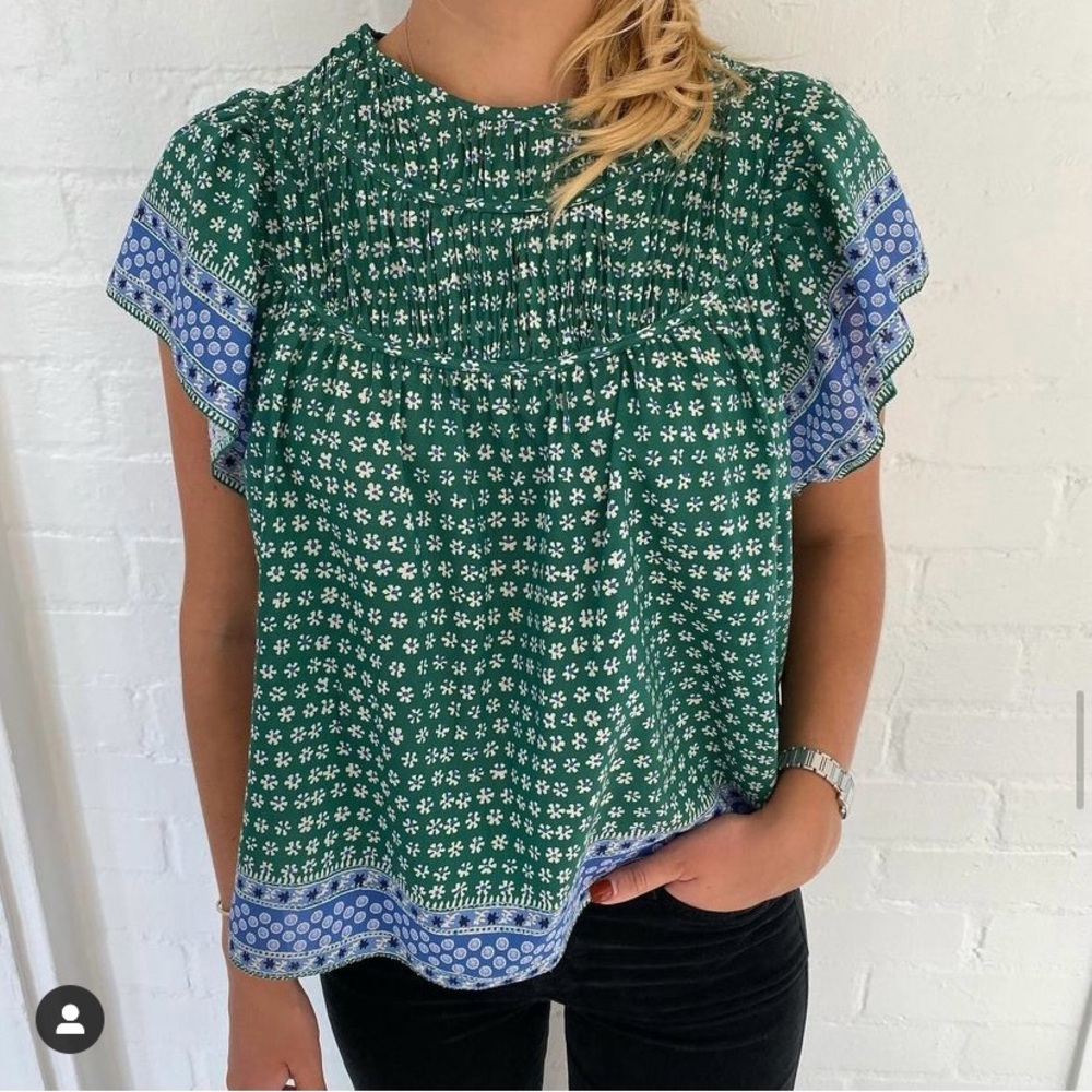 Trovata Birds of Paradiae Green Floral silk top with Blue Accents Sz L - Picture 2 of 6